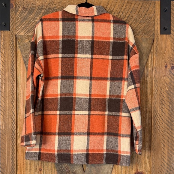 Medium Weight Flannel Plaid Shacket in Orange, Tan Brown - Picture 4 of 9